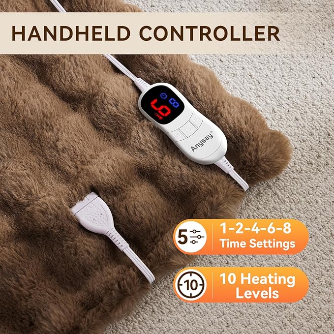 Heated Blanket Queen Size with 1/2/4/6/8 Hours Auto-Off 10 Heat Level, 72'' * 84'' Cozy Faux Rabbit Fur Bubble Electric Blanket with Overheat Protection(Brown)
