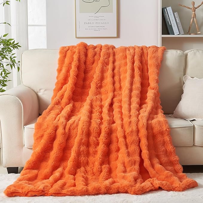 Fluffy Luxury Faux Rabbit Fur Bubble Blanket - Warm & Cozy Fuzzy Plush Thick Decorative Throw Blanket for Bed, Sofa - Queen Size 90''x90'', Orange