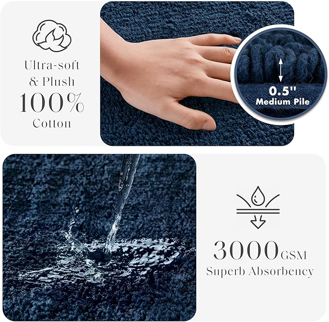 Madison Park Splendor Reversible 100% Cotton Tufted Bathroom Rug-3000 GSM Hotel Quality Luxurious Plush Medium Pile Bath Mat Absorbent, Quick Dry, Shower Room Décor, 24x60 Navy