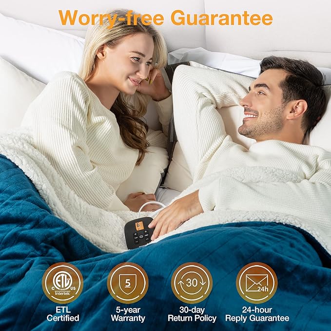 WOOMER Electric Blanket Twin Size,Durable Flannel and Soft Sherpa,Dual Control,62”×84” Heated Throw Blanket, 10 Heat Levels&0.5-12h auto-Off,Energy Efficient,ETL Certified