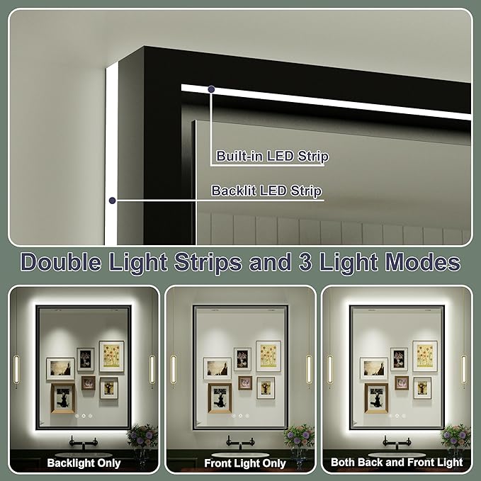20x28 Inch LED Bathroom Mirror with Front and Back Lighting, 3 Color Temp, Dimmable, Anti-Fog, Black Aluminum Frame Wall Mounted Lighted Bathroom Vanity Mirror