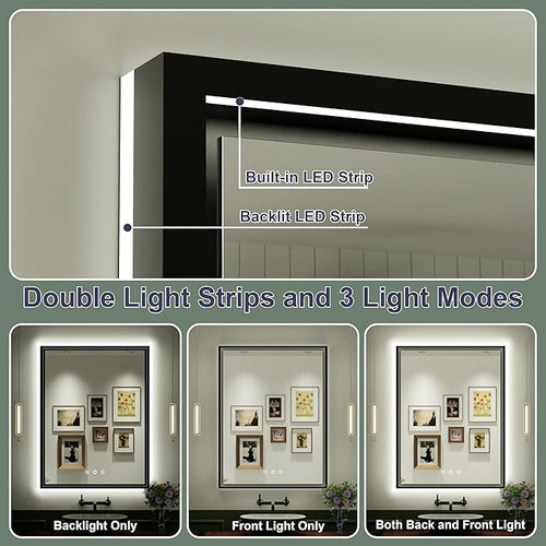 20x28 Inch LED Bathroom Mirror with Front and Back Lighting, 3 Color Temp, Dimmable, Anti-Fog, Black Aluminum Frame Wall Mounted Lighted Bathroom Vanity Mirror