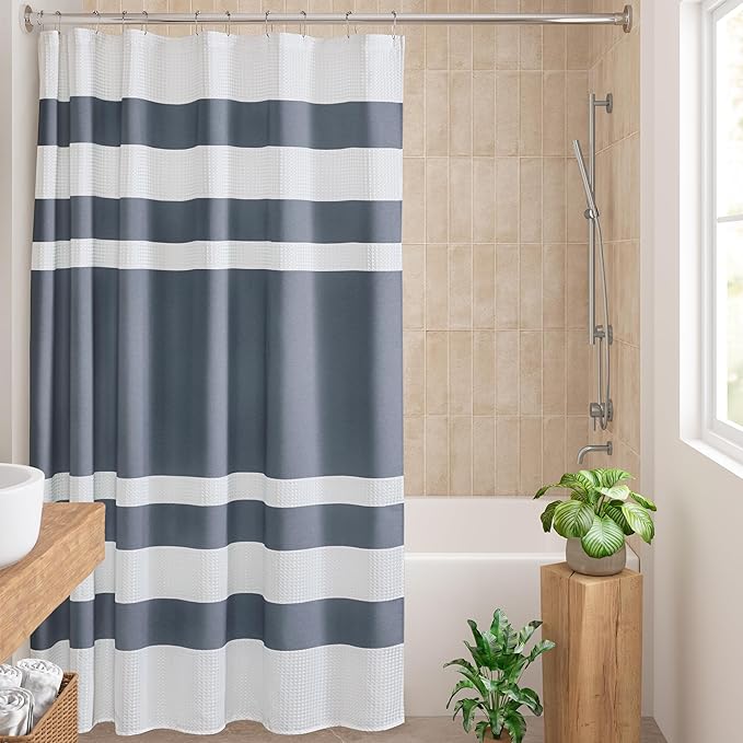 Madison Park Spa Waffle Shower Curtain Pieced Fabric Extra Long Premium Spa Quality Modern Shower Curtains for Bathroom, Tall 72x84, Indigo Blue