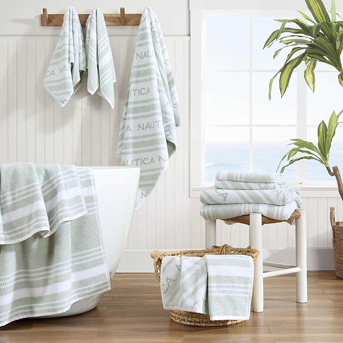 Nautica - Bath Towels, 100% Soft & Absorbent Plush Cotton Towels with Yarn Dye Loops, Medium Weight Bathroom Towels (Minera Greene, 6 Piece)