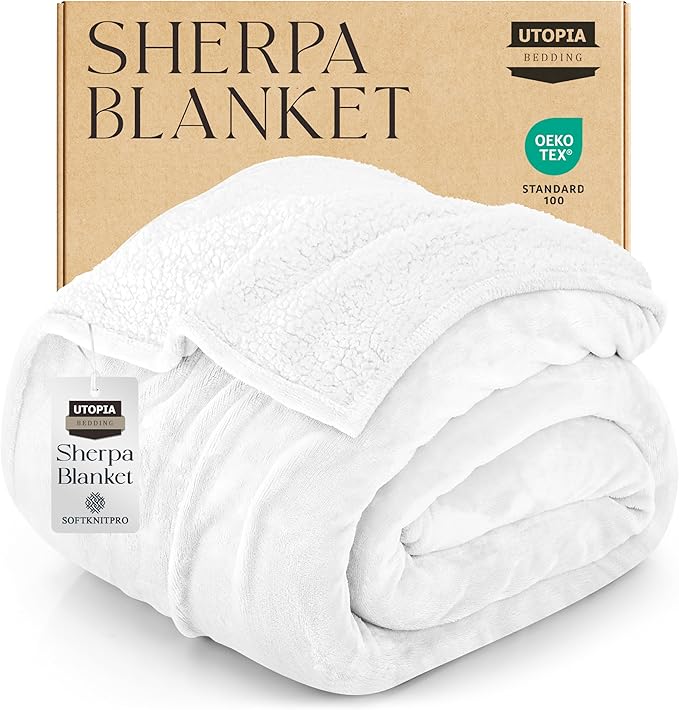 Utopia Bedding Sherpa Blanket Twin Size (White, 90x66 Inches) - Soft Lightweight Plush Fleece Reversible Blanket for Bed, Sofa, Couch, Camping and Travel