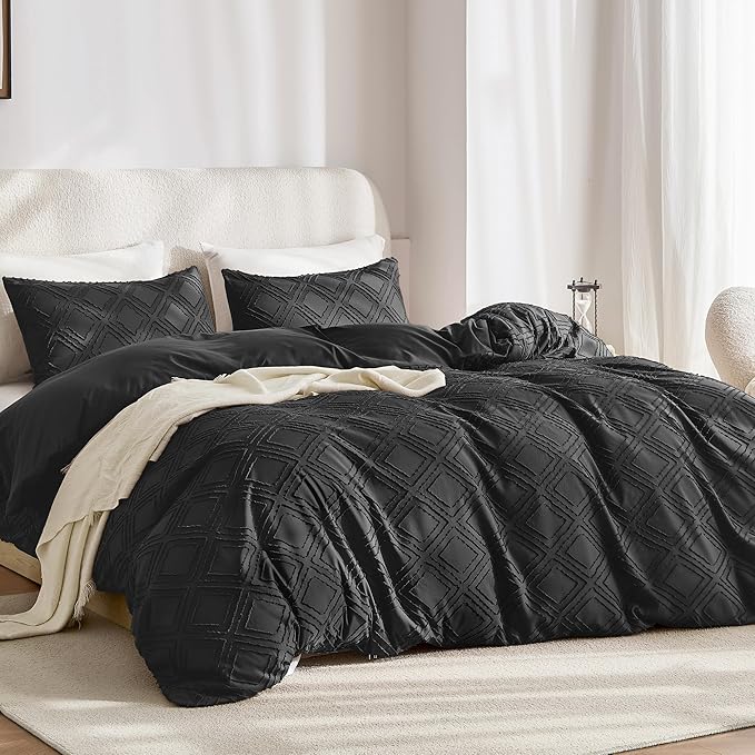 JELLYMONI Duvet Cover King Size Black - 3PCS Boho Duvet Cover Set Plaid Polyester Tufted Bohemian Jacquard Knit Textured Comforter Cover 104×90in Rhombic Geometric Pattern Zipper Corner Tie