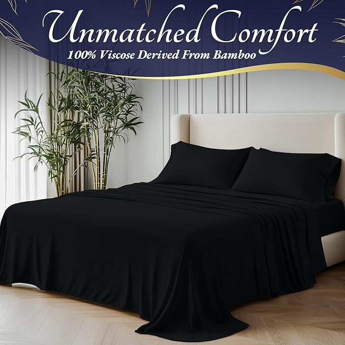 DECOLURE 100% Viscose Derived from Bamboo Sheets Twin Size 3pcs - Ultra Soft & Luxuriously Cooling, 17" Deep Pocket, Double Stitching, Perfect for Hot Sleepers - Twin Bed Sheets (Black)