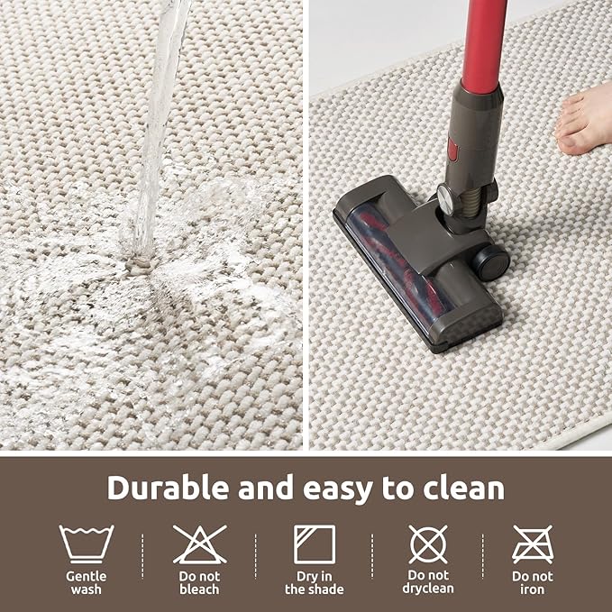 AMOAMI Chenille Bath Mat Super Absorbent Bathroom Mat Quick Dry Low Pile Bath Mats for Bathroom Washable Rubber Backed Bathroom Runners Fit Under Door, Front of Bathtub, Sink, Beige&White 24"x48"