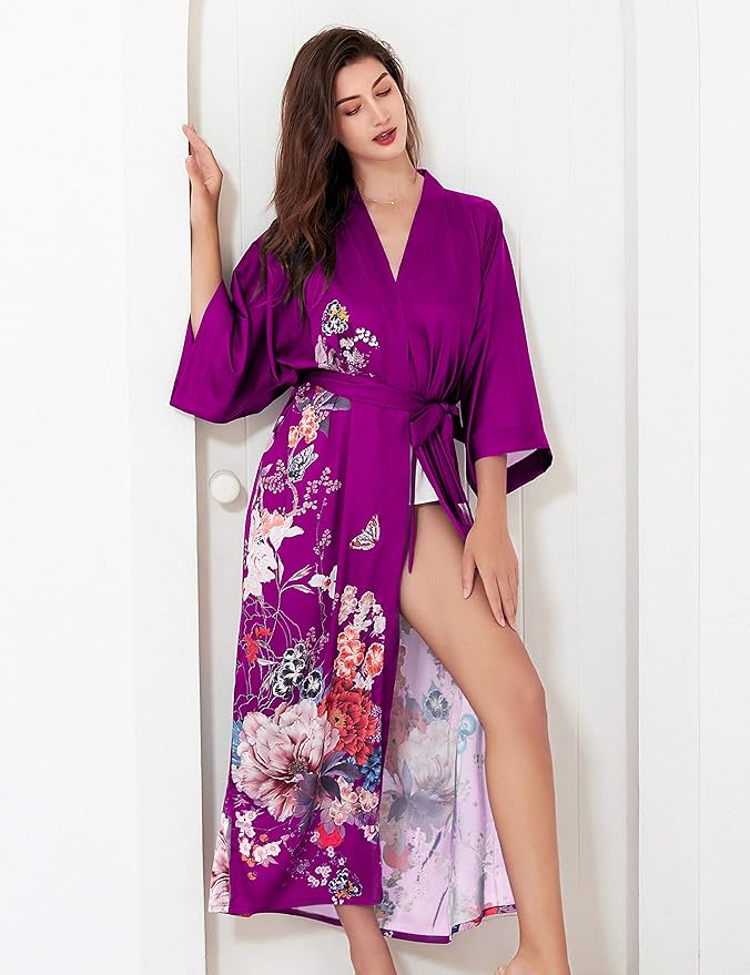 PRODESIGN Kimono Robe for Women - Long Satin Sleepwear Silky Kimono Cover-Up Nightgown Japanese Bathrobe Loungewear Blouse