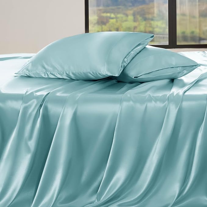Bedsure Satin Sheets Full Size - 4 Piece Silky Bedsheets with 15 Inches Deep Pocket Fitted Bedsheet,1 Flat Sheet, 2 Satin Pillowcases, Good for Hair & Skin (Full, Blue)