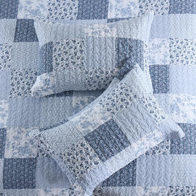 ENASAL Cotton Bedspread Quilt Bedding Sets Reversible Coverlet Sets Comforters Rustic Floral White Blue Patchwork Pattern Bedspread for All Season, King Size