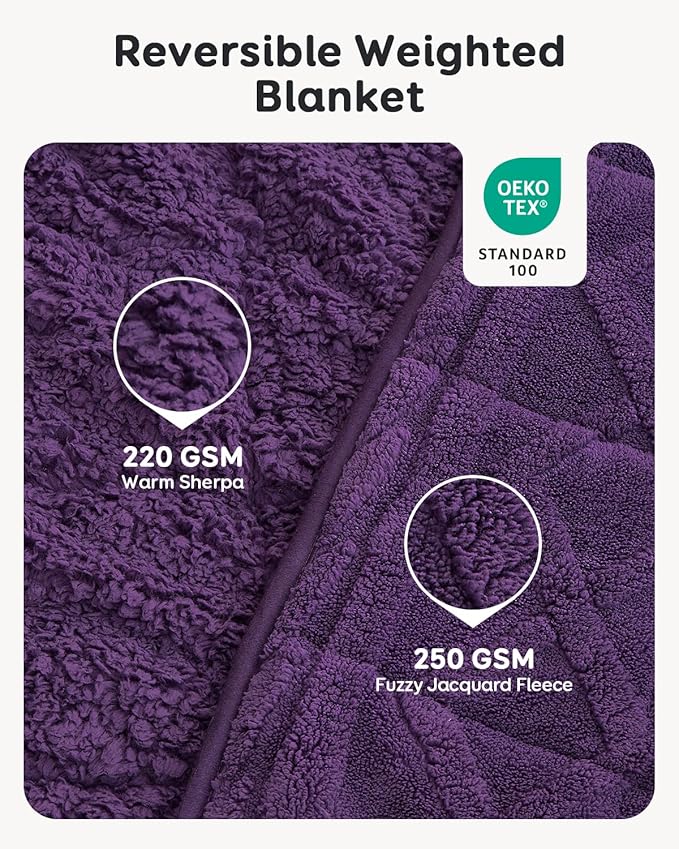 Sivio Weighted Blanket Queen Size 15 lbs for Adults, Sherpa Fleece Weighted Blanket Jacquard Heavy Blanket for Sleeping, Reversible Super Soft Warm Cozy Fluffy Blanket for Adult, 60 x 80inch, Purple