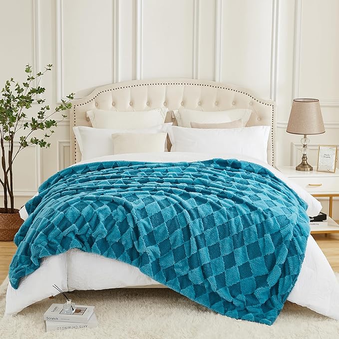 PU MEI Luxury Faux Fur Rabbit Fur Throw Blanket Blue 60"*80",Soft Plush Reversible Sherpa Blankets,Twin Fuzzy Elegant Blanket Thick Throws for Bed,Comfy Bedding Accent Blankets for Sofa Couch Chair