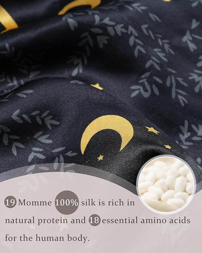 100% Mulberry Silk Bonnet for Sleeping Women Double Layer Silk Hair Bonnet Natural Sleep Cap with Elastic（Black + Moon）