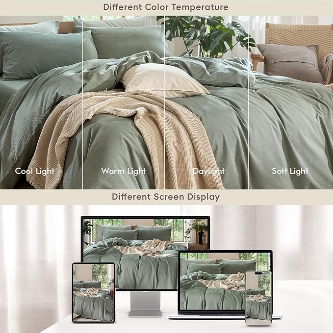 MooMee Bedding Duvet Cover Set 100% Washed Cotton Linen Like Textured Breathable Durable Soft Comfy (Heathered Green, Full 80"x90")