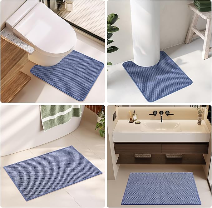 Bathroom Runner Rugs, Long Bath Mat Runner Washable Thin Quick Dry Low Pile Bathroom Runner Rugs Non Slip, Denim Blue 16"x60"