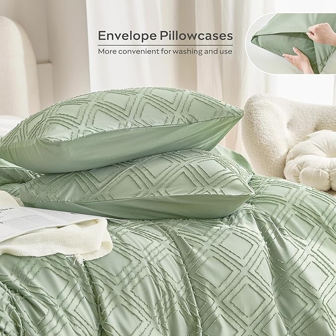 JELLYMONI Duvet Cover Full Size Light Green - 3PCS Boho Duvet Cover Set Plaid Polyester Tufted Bohemian Jacquard Knit Textured Comforter Cover 80×90in Rhombic Geometric Pattern Corner Ties & Zipper