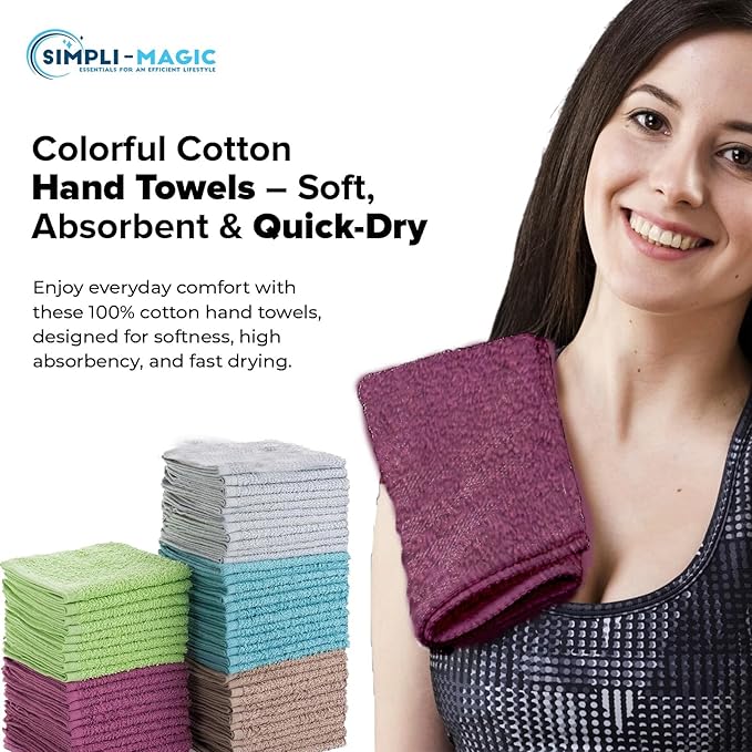 Simpli-Magic Cotton Wash Cloths 12"x12" (50 Pack) – Highly Absorbent Soft Towels for Bathroom – Commercial Terry Washcloth for Face, Hand, Bath, Kitchen, Gym & Hotel (Multicolor)