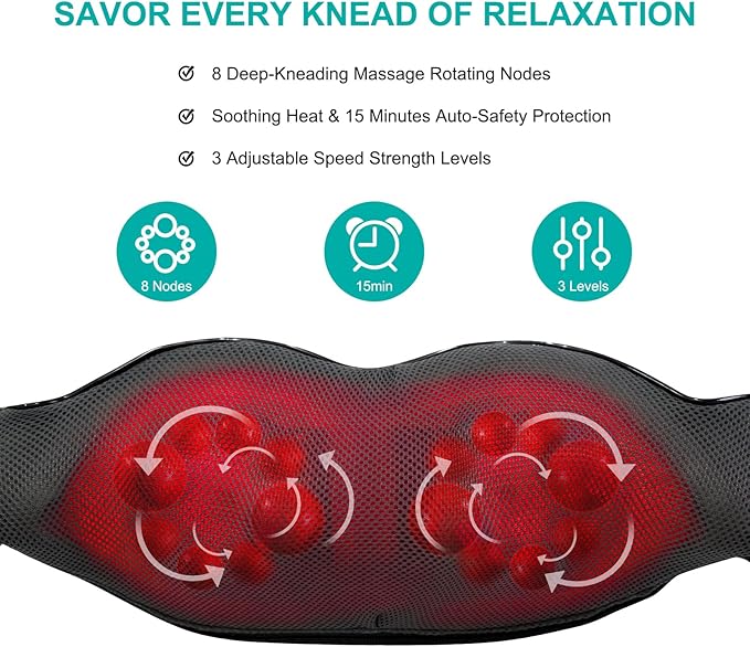 Shiatsu Back and Neck Massager with Heat, Deep Tissue Kneading Back Massager for Pain Relief, Electric 4D Shoulder Massage for Neck, Shoulder - Gifts for Men, Women (NOT Cordless)