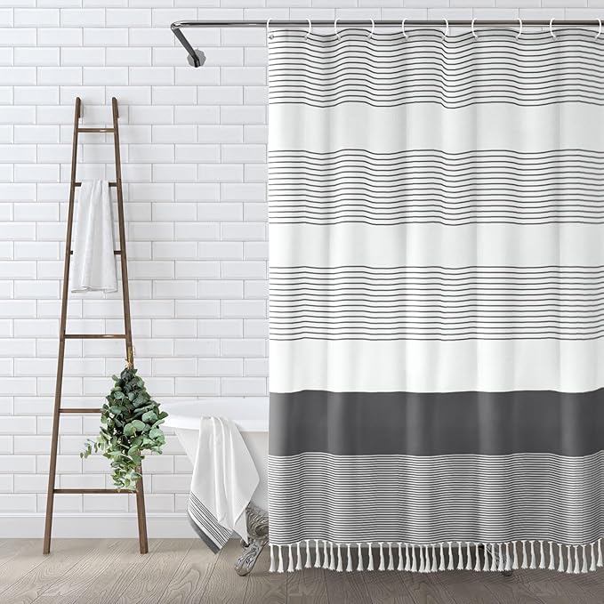 Awellife Gray Shower Curtain for Bathroom Stripe Tassel Shower Curtain 72 X 96 Farmhouse Cotton Boho Dark Grey