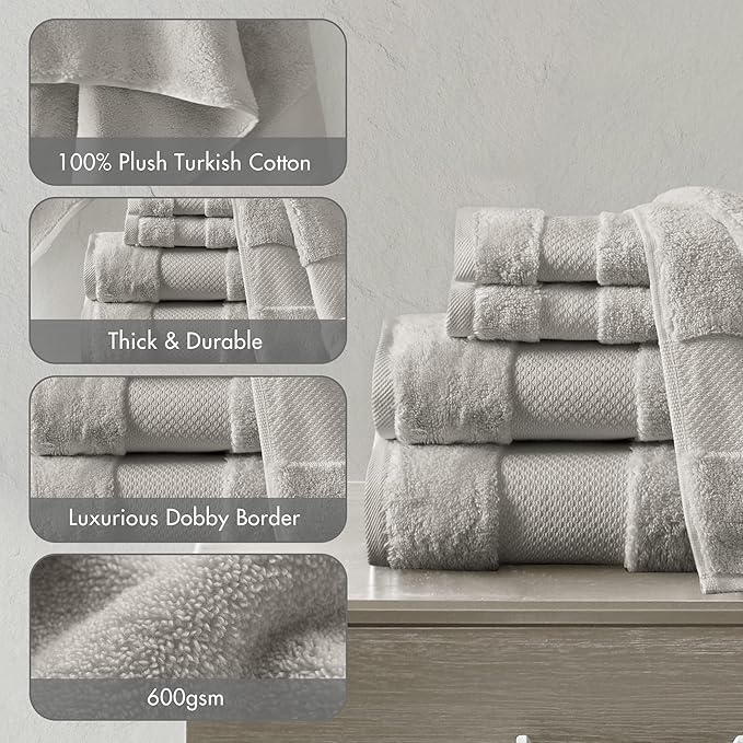 Madison Park Turkish 100% Cotton 600Gsm Luxury Premium Thick Soft Abosorbant Hotel Bathroom Towel Set Shower Hand Face Washcloths, Assorted Sizes, Grey 6 Piece