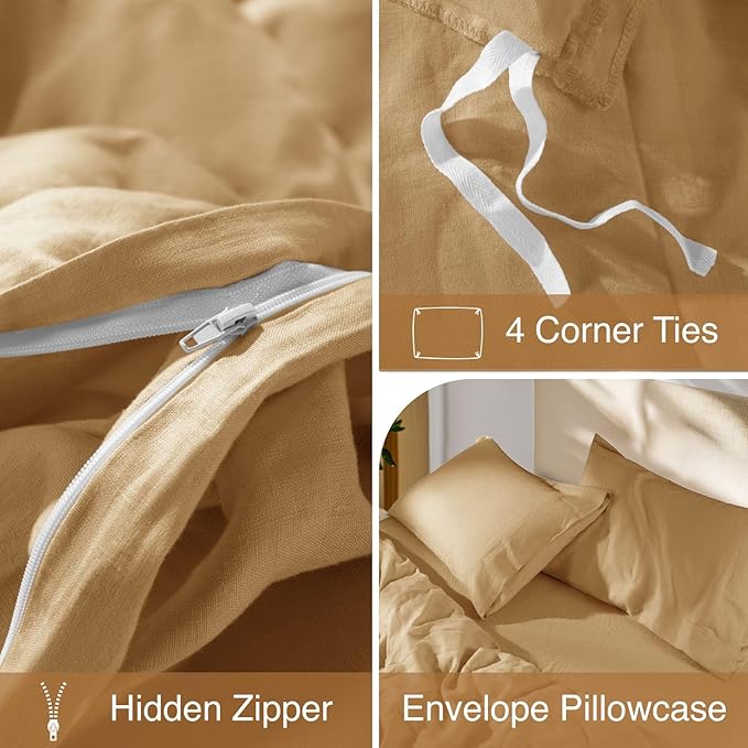 SONORO KATE 100% French Linen Duvet Cover King Size, Soft Breathable for Hot Sleepers, Moisture Wicking & Durable Cover Set - Zipper Closure & 4 Corner Ties Duvet Covers 3 Piece (Rust,King)