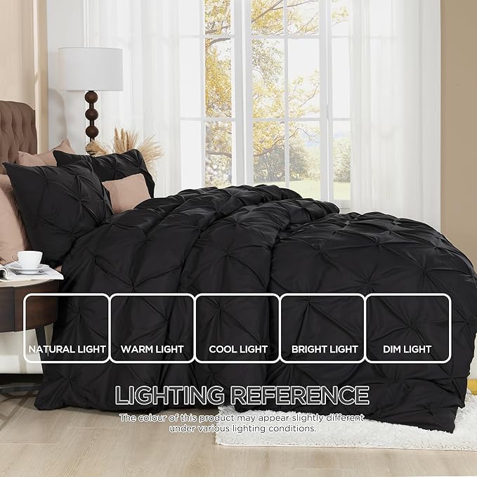 Litanika Black Queen Pinch Pleat Duvet Cover, 3 Pieces Pintuck Cover Soft Microfiber Bedding Set with Zipper Closure & Corner Ties(90x90Inch-1 Duvet Cover, 2 Pillowcases)