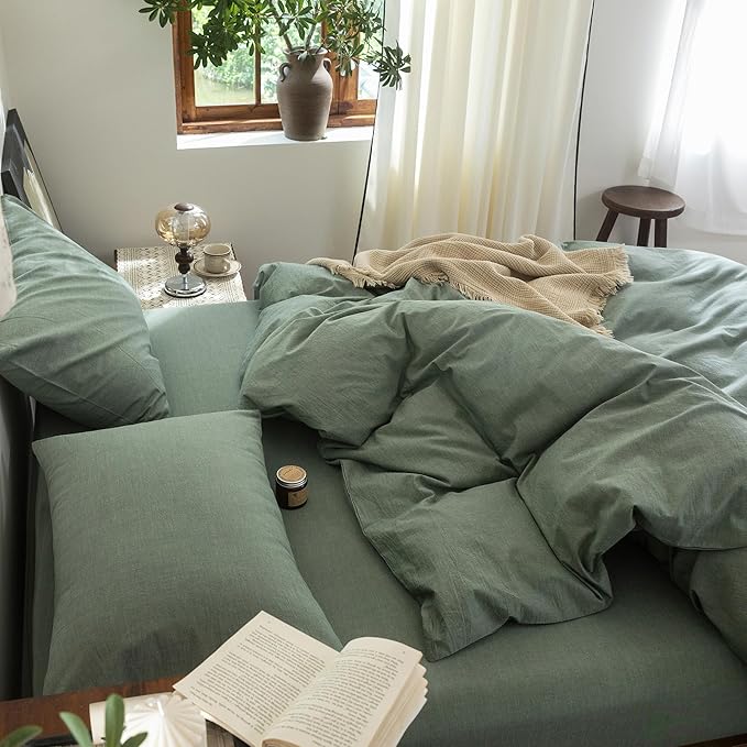 FOSSA Duvet Cover Set 100% Washed Cotton Linen Feel Super Soft Breathable Cozy Simple Style 3 Pieces Bedding Sets Solid Heathered Green Oversized King Plus