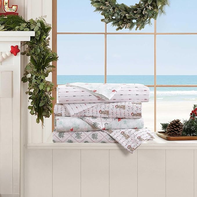 Tommy Bahama - King Size Sheet Set, Crisp & Cool Cotton Percale Bedding with a Smooth Lightweight Feel, 4 Piece Holiday Bed Sheets with Matching Pillowcases (Palm Tree Trellis Red)