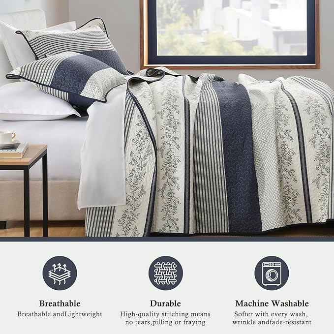 Stripe Queen Quilt Set - 100% Cotton Soft Lightweight 3 Pieces Bedding Set, Vintage Vine Pattern Quilted Bedspread with 2 Pillow Shams, Farmhouse Printed Coverlet for All Season, Navy/Gray