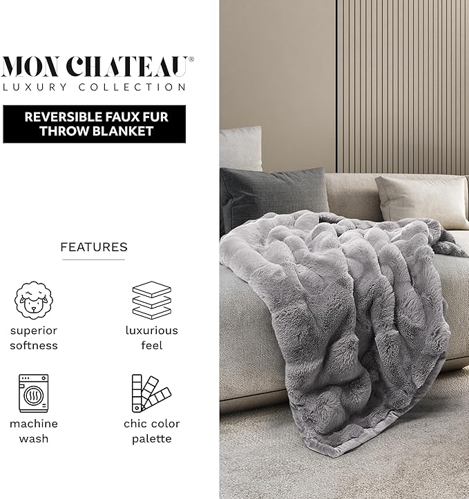 Mon Chateau 60" x 70" Hearthside Faux Fur Throw Blanket, Reversible Soft Blanket for Queen-Size Bed, Couch, or Sofa, Cozy Home Decor and Stylish Living Room Comfort, Fog Stone