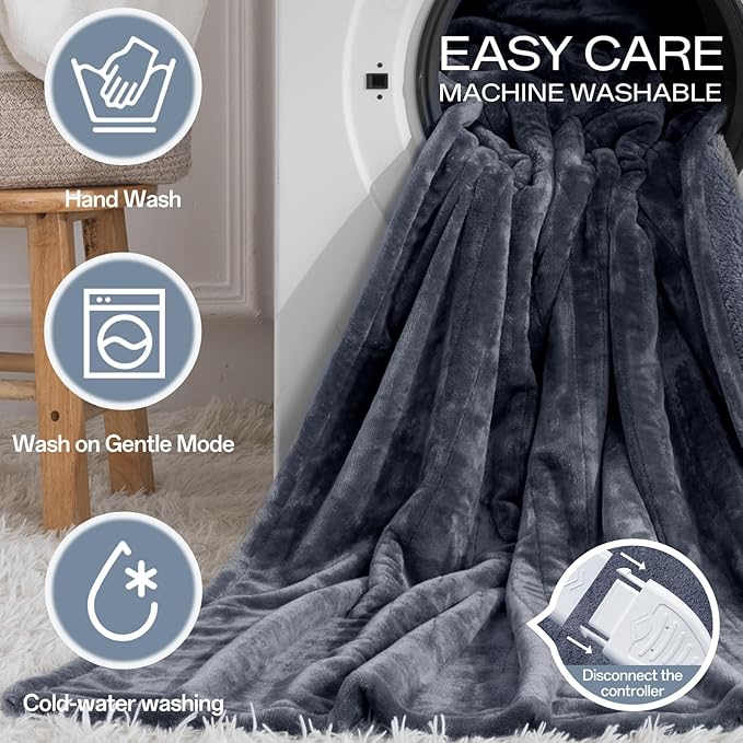 Heated Blanket King Size 100" x 90", Soft Flannel & Sherpa Electric Blanket King with 10 Hours Auto Off, 8 Heating Levels, Fast Heating Blanket for Full Body, Machine Washable, Grey