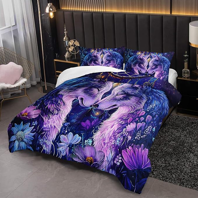 Purple Wolf Bedding Comforter Set Queen Size，Dreamcatcher Flower Quilt Bedding Set Queen，with 1 Comforter with 2 Pillow Case，Wolf Bedroom Decor for Kids Girls Boy