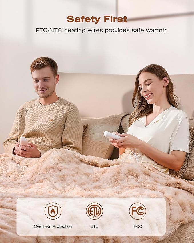 Electric Blanket King Size 90"x100", Dual Zone Heated Blanket with 9 Heat Levels & 1-10H Timer, Faux Fur & Flannel, Soft Cozy Gift for Women/Men, for Couch, Bed & Office, ETL Certified (Dyed Brown)