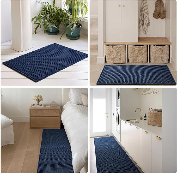 Waffle Bath Mat, Boho Bathroom Rugs Non Slip Washable Super Absorbent Quick Dry Bath Mat Farmhouse Bathroom Decor, 48"x24" Navy Blue