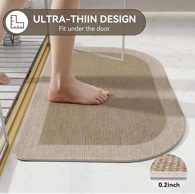 Bathroom Rugs Mat 24x35, Ultra Thin Non Slip Bath Mats for Bathtub Quick Dry Absorbent Rubber Bathroom Mat Fit Under Door, Woven Washable Half Round Bath Rugs Floor, Beige Brown