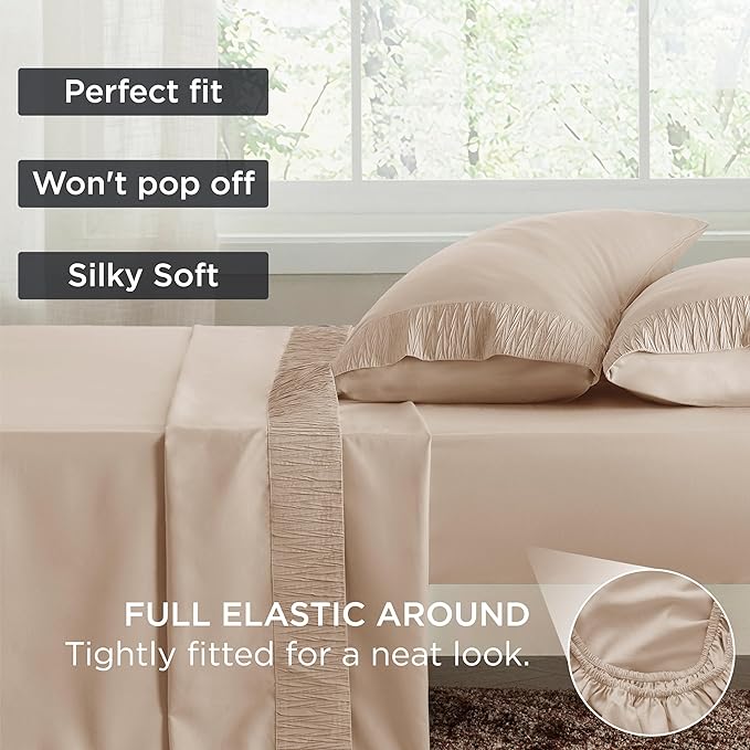 Bedsure California King Sheet Sets - 4 Pieces Soft Cal King Sheets - Breathable & Cooling - Hotel Luxury - Easy Care Polyester Microfiber Bedding for Women, Men, Beige