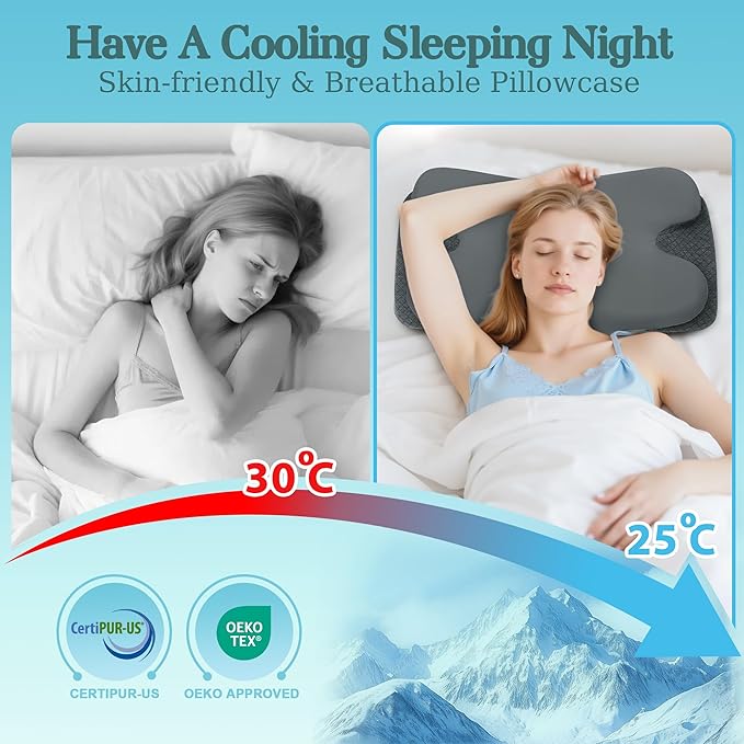 Cervical Neck Pillow for Sleeping,Memory Foam Pillows for Neck Pain Relief,Ergonomic Neck Support Contour Pillow for Side Back Stomach Sleepers,Orthopedic Breathable Pillowcase(Dark Grey)