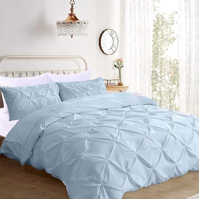 Pinch Pleated Duvet Cover Set 100% Cotton 3PC King Size 94x104 Duvet Cover Set, Decorative Pinch Design Sky Blue Duvet Cover with Matching Pillow Case