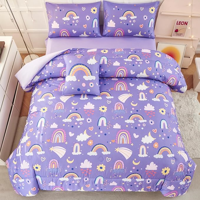 ANGIYUIN Purple Queen Size Comforter Set for Girls 6Pcs Kids Bed in A Bag Rainbow Bedding Comforter Set with Sheets Decorative Cloud, Love, Saleboat and Moon,Purple, Queen