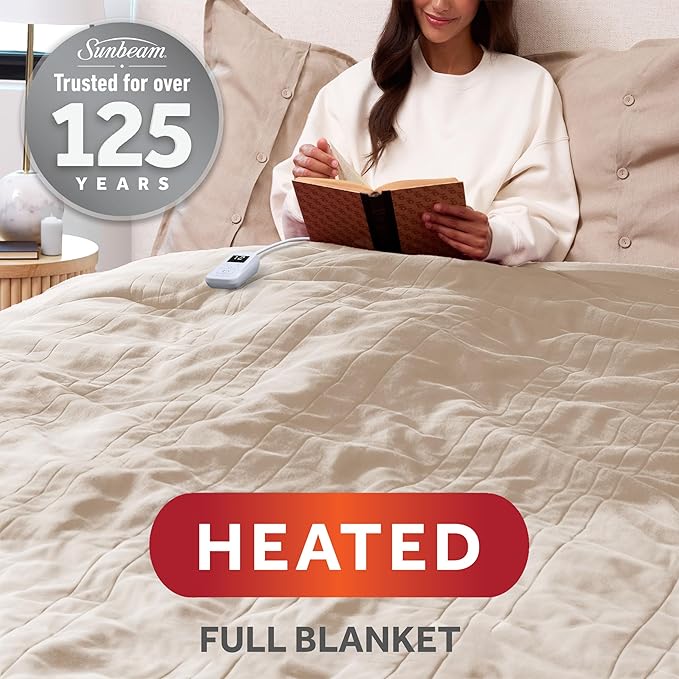 Sunbeam Electric Royal Posh Velvet Heated Blanket, 12 Heat Settings, 12-Hour Selectable Auto Shut-Off, Fast Heating, Warm and Lush, Champagne Color, Full, 84" x 72"
