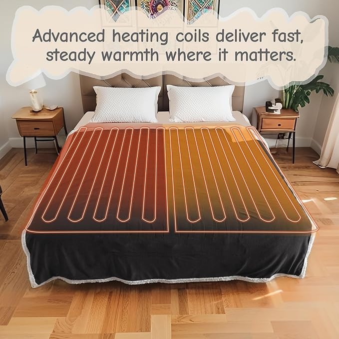 Electric Heated Blanket Queen Size 84"x90", Soft Flannel with Dual Controllers & Overheat Protection, 6 Adjustable Heat Settings & 10-Hour Auto-Off Timer, Fast Heating for Winter Comfort, Dark Gray