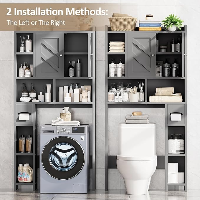 Meilocar Over The Toilet Storage Cabinet, Bathroom Over Toilet Storage Cabinet, Bathroom Storages Organizer Cabinets with Toilet Paper Holder and Adjustable Shelf, Grey