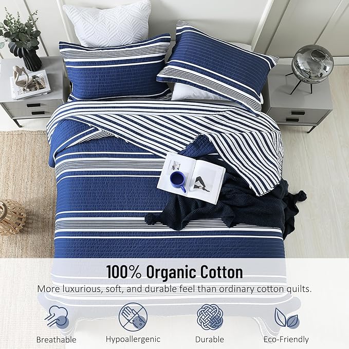 Striped King Size Quilt - 100% Cotton Navy Blue White Striped Modern Boys Men Unisex Quilt Bedspread for King Bed, Lightweight Reversible Quilted Bedding Set with 2 Pillow Shams for All Season