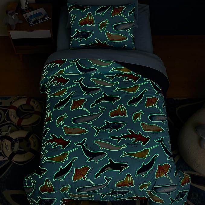 Twin Comforter Set for Boys-5 Pieces Ocean Animals Glow in The Dark Twin Bedding Sets for Kids, Ultra Soft Bed in A Bag with Sheets