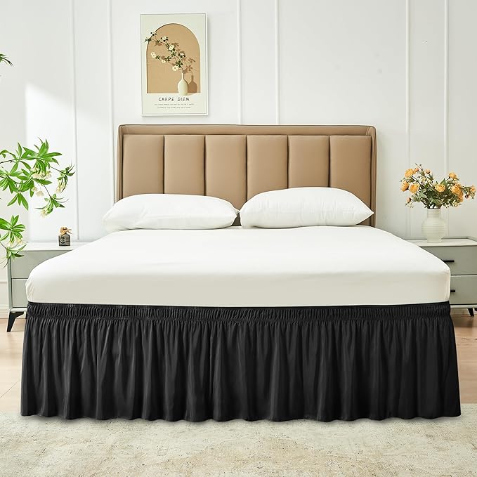 Biscaynebay Wrap Around Bed Skirts for Full & Full XL Beds 14" Drop, Black Adjustable Elastic Dust Ruffles Easy Fit Wrinkle & Fade Resistant Silky Luxurious Fabric Solid Machine Washable