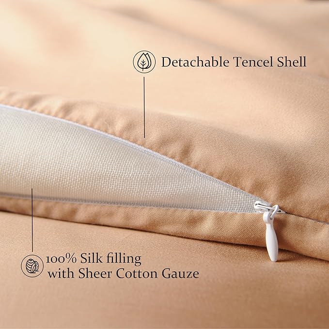 CUDDLE DREAMS Silk Filled Comforter for All Season, Detachable Tencel Duvet Cover for Easy Care, Naturally Breathable (Bronze, Queen)