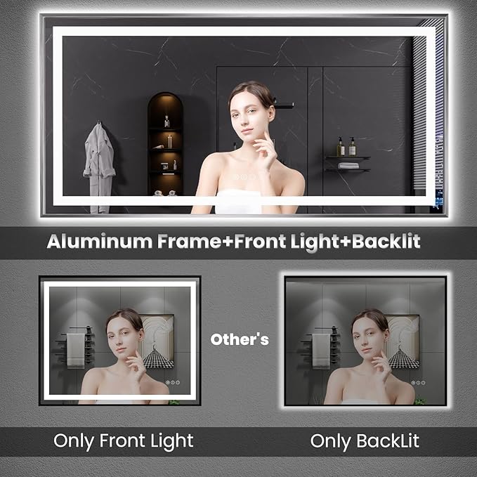 Amorho 36"x 30" LED Bathroom Mirror, Brushed Nickel Framed Mirror with Front Light and Backlit, Stepless Dimmable, Anti-Fog, Shatter-Proof, Memory, 3 Colors