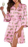 Ekouaer Women's Satin Robes Silk Kimono Bath Robe Short Ruffled Hem Bride Bridesmaid Sleepwear with Pockets