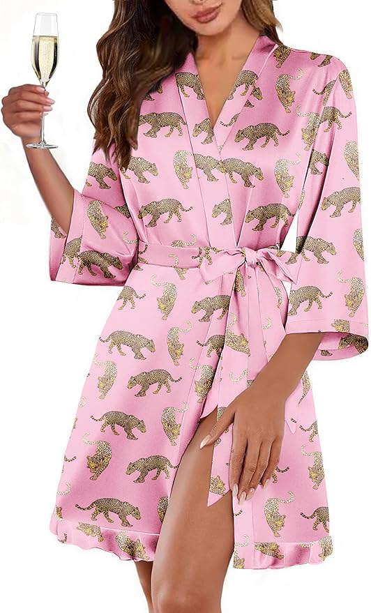 Ekouaer Women's Satin Robes Silk Kimono Bath Robe Short Ruffled Hem Bride Bridesmaid Sleepwear with Pockets
